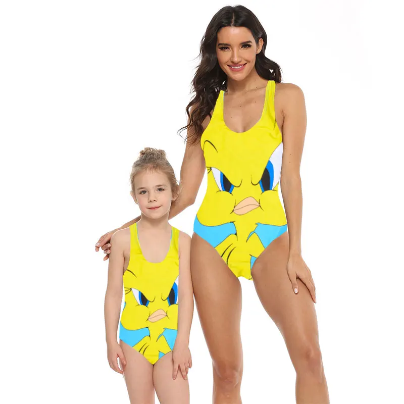 Купальник с принтом в виде птиц милый желтый слитный купальник для мамы и дочки