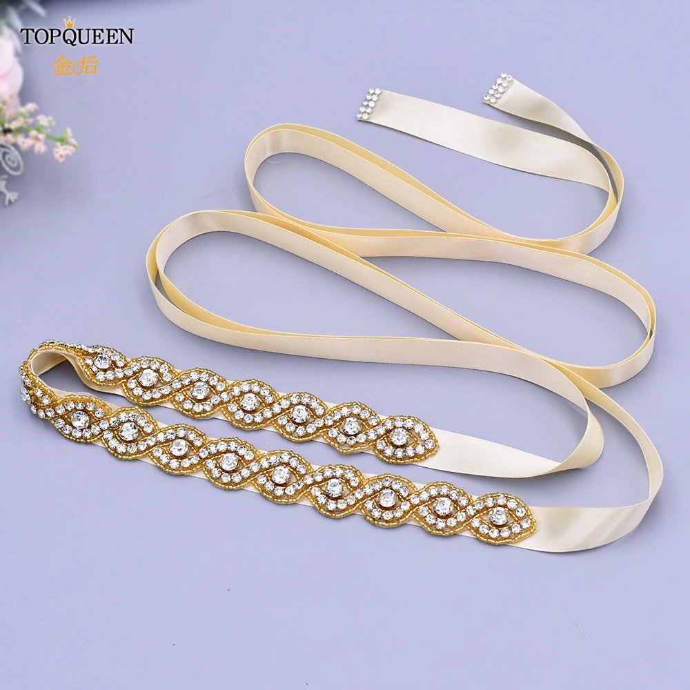 

TOPQUEEN S28-G Luxury Gold Bridal Belts Applique with Rhinestones Women's Luxury Belt Decorative Belt for Dresses Belt Jewelry