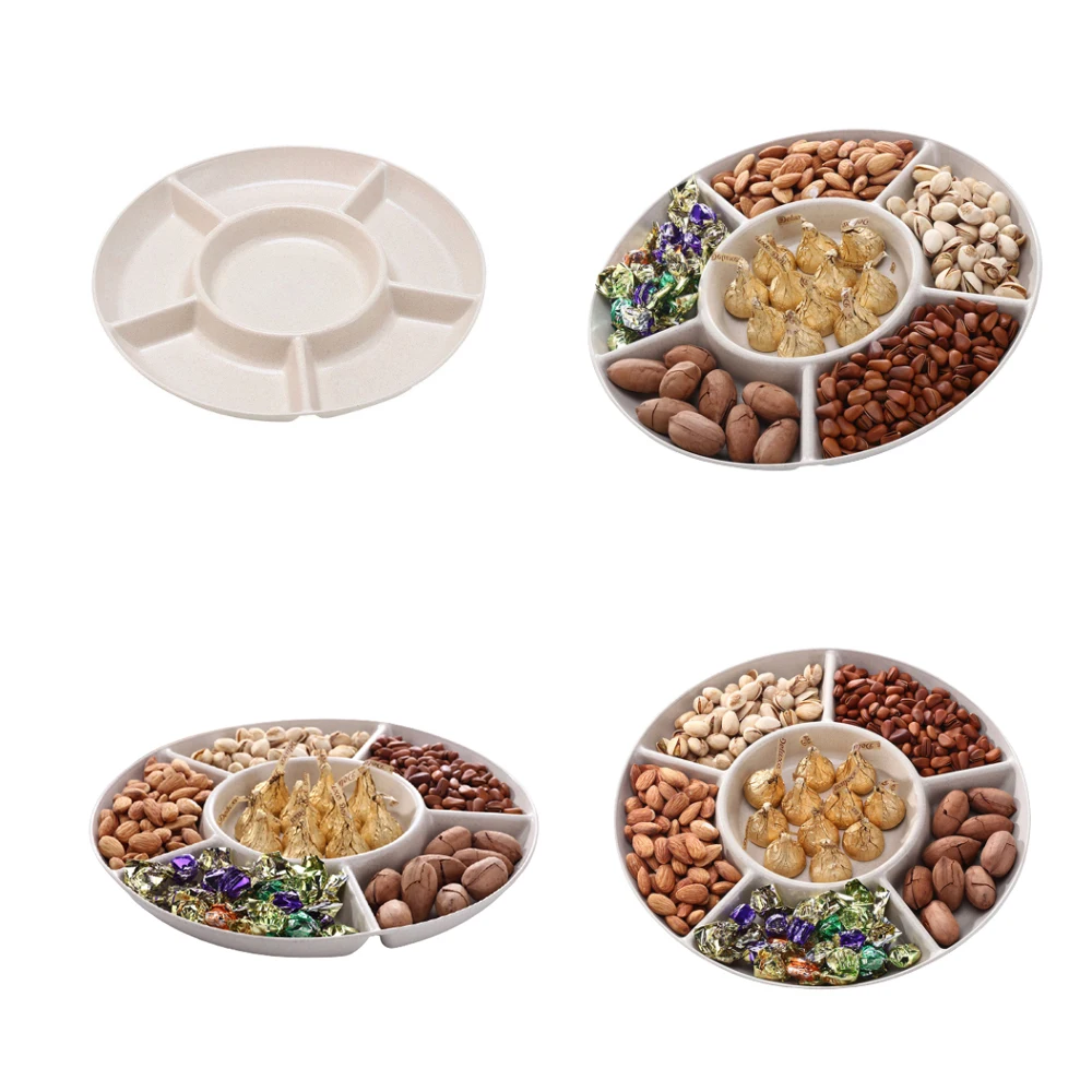 

6-Compartment Food Storage Tray Dried Fruit Snack Plate Appetizer Serving Platter for Party Candy Pastry Nuts Dish Wheat Straw