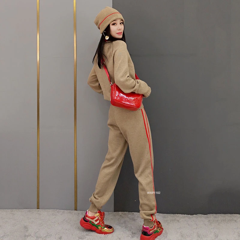 

2020 Knitted 2 Piece Set Sportsuit New Autumn Tracksuit Women Sweatsuit Long Sleeve Turtleneck Sweater Pullovers Pants Suit Set