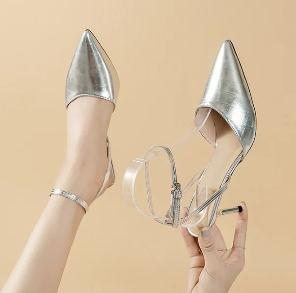 

New style European American style half Baotou sandals summer with fine heel and sharp leather buckle one button with c05