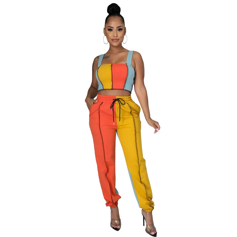 

Women 2 Piece Sets Patchwork Two Piece Set Tracksuit Sexy Drawstring Sleeveless Sexy Night Club Party Outfit