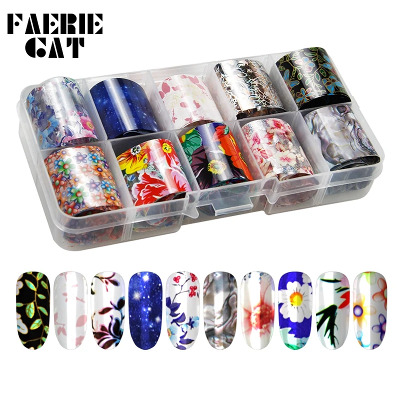 

10 Rolls/Box Nail Transfer Foils Charm Flowers/Galaxy/Shell Designs Starry Sky Paper Nail Sticker Set Decal Nail Art Decorations