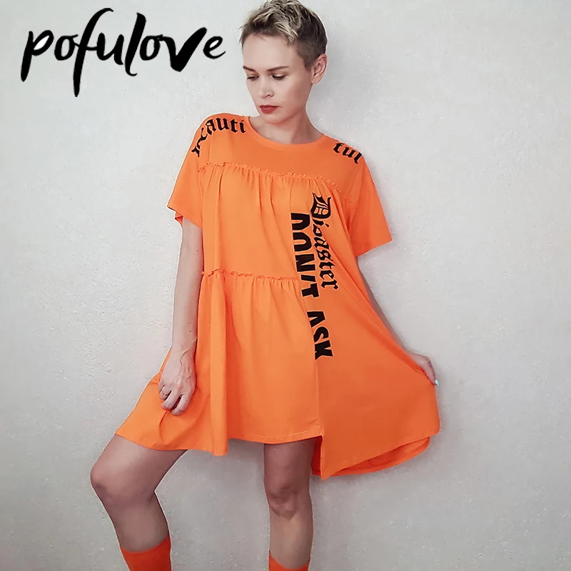 

Women Loose Dress Pleated Ruffle T Shirt Casual Letters Short Sleeve Summer Fashion Pullover O Neck Party Mini Dresses