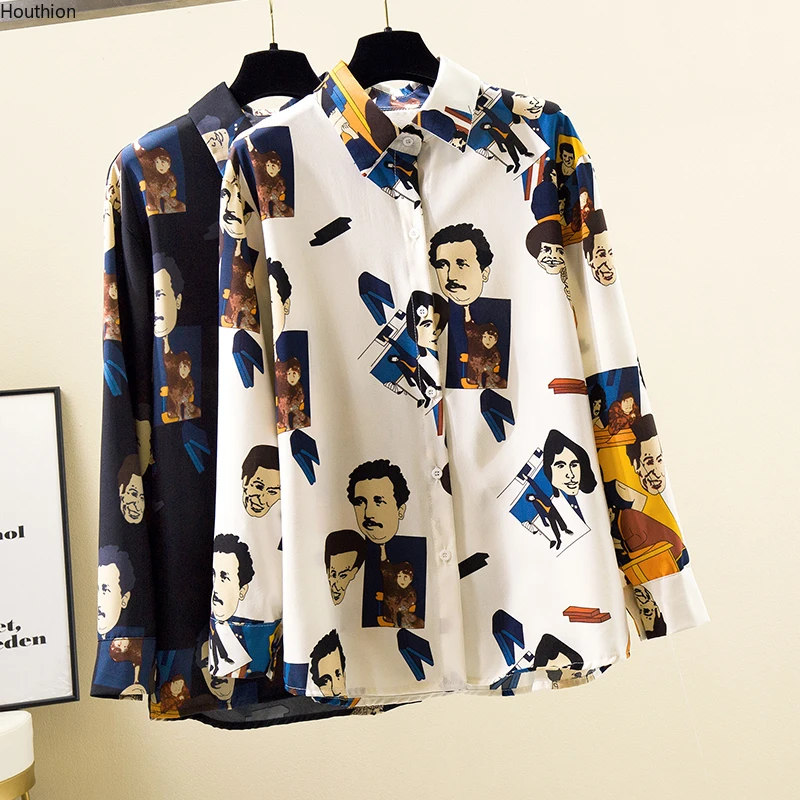 

Шифоновые женские блузки Houthion с принтом, модная Повседневная Новая блузка, корейский Топ с длинным рукавом, рубашка в стиле ретро, летние же...