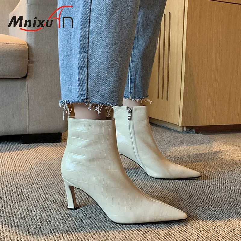 

Handmade women booties ankle boots high heels real genuine leather pointed toe zipper 2020 stilettos ladies shoes big size 42 43