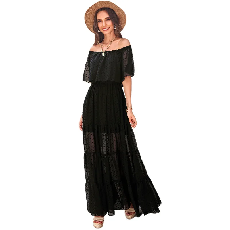 

One-shoulder Chiffon Dress 2021 Autumn New Wave Dot Jacquard Sexy Long Skirt