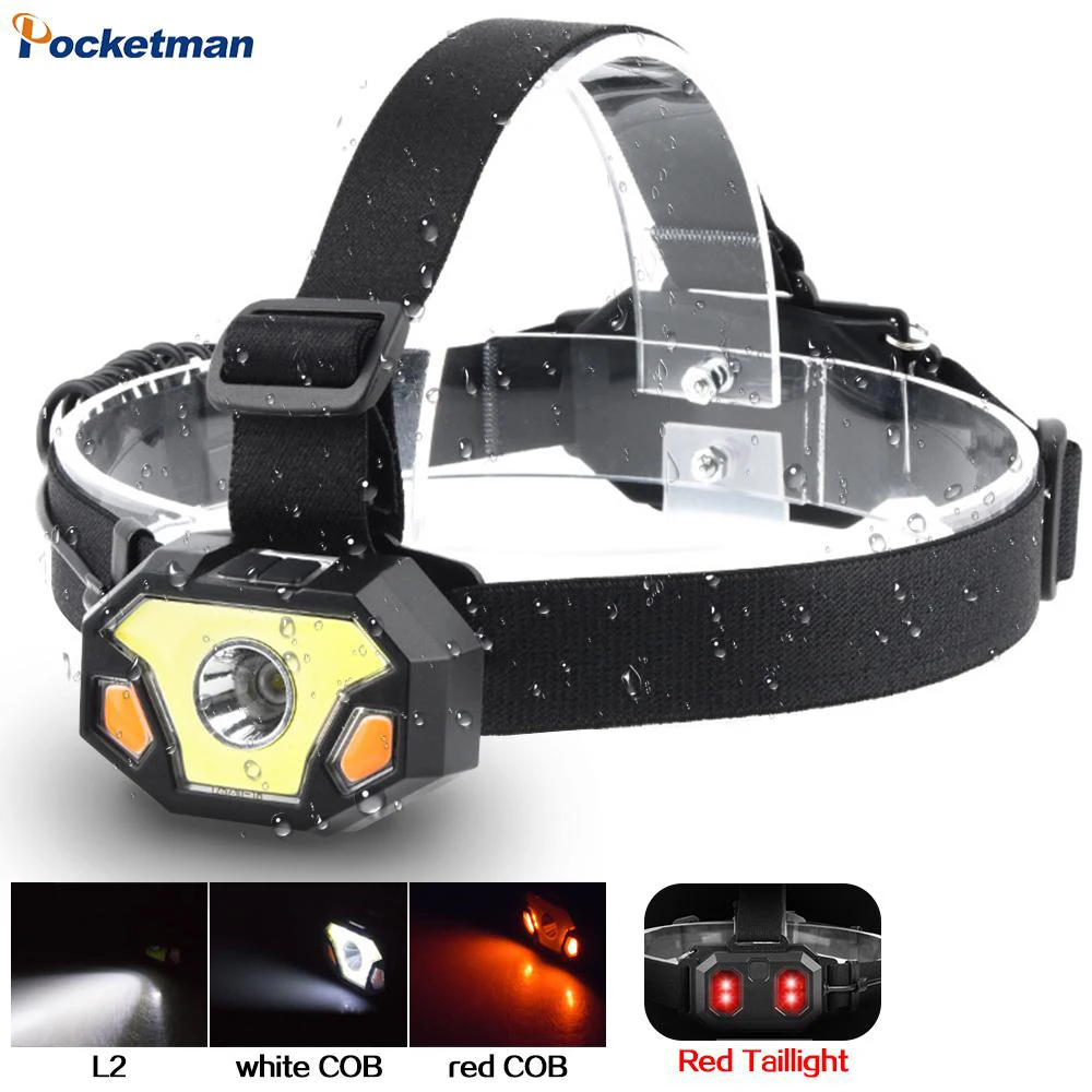 

New Arrival White/Red Light Multifunctional Headlamp 6 Modes Headlight with Tail Warning Light L2+COB LED Head Lamp Waterproof