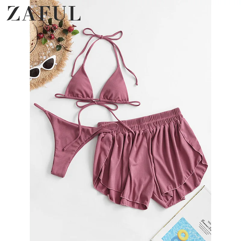 ZAFUL трехкомпонентный купальник-бикини в рубчик с лямкой на шее | Женская одежда