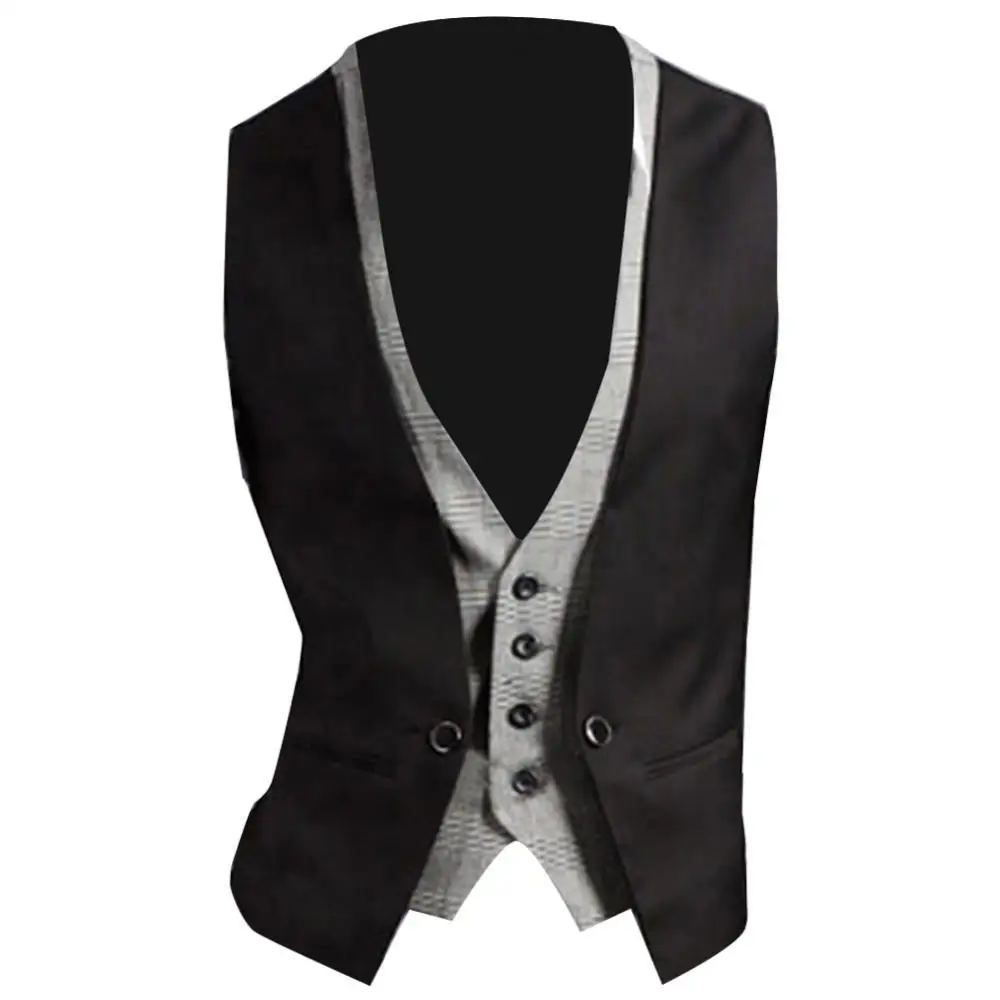 

50% Hot Sale Men Fashion Fake Two-pieces V Neck Sleeveless Button Pocket Waistcoat Jacket Outdoors Clothes