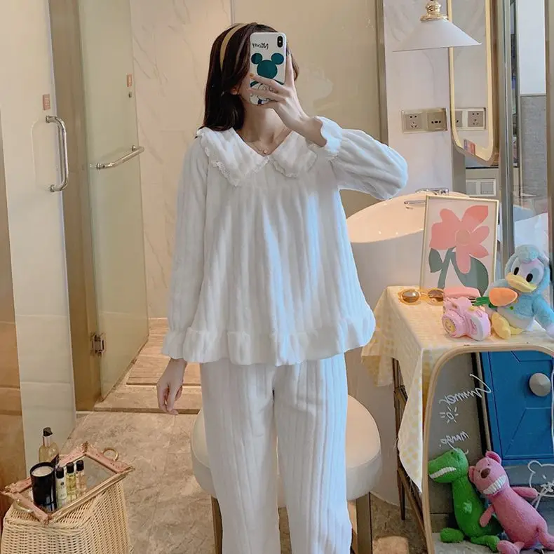 Женский фланелевый Пижамный костюм из 2 предметов белая Домашняя одежда Милая