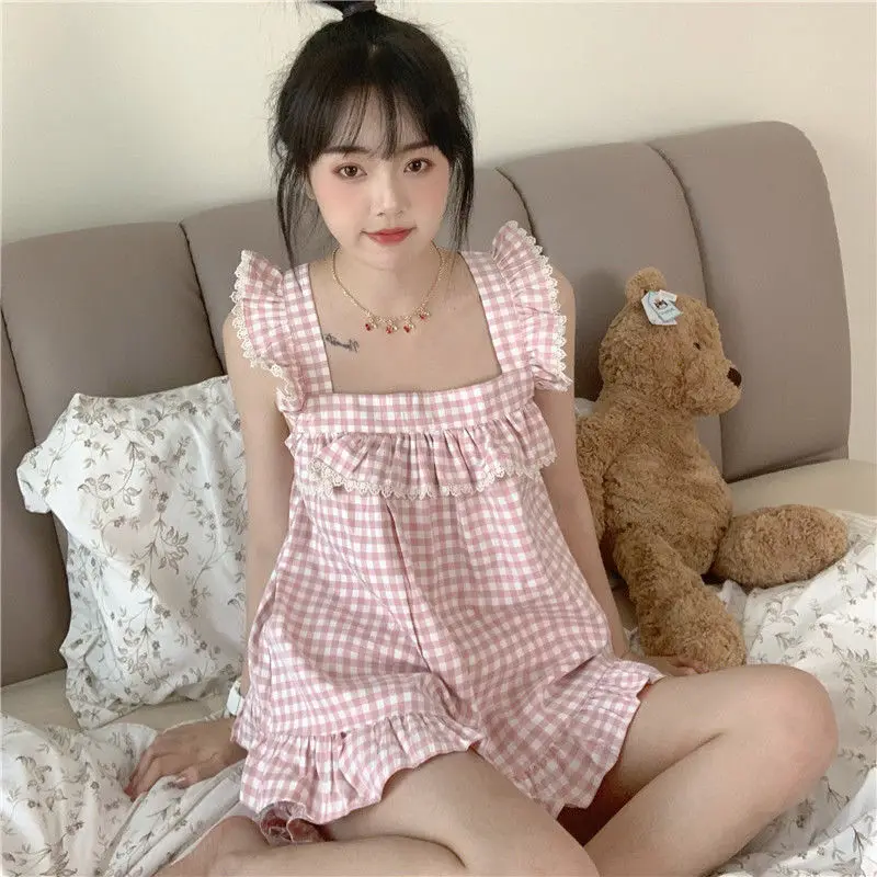 QWEEK Kawaii Plaid Pajamas for Teenager Lace Sleepwear 2 Piece Set Women Summer Suit Pijama Cute Home Clothes Pyjamas Loungwear