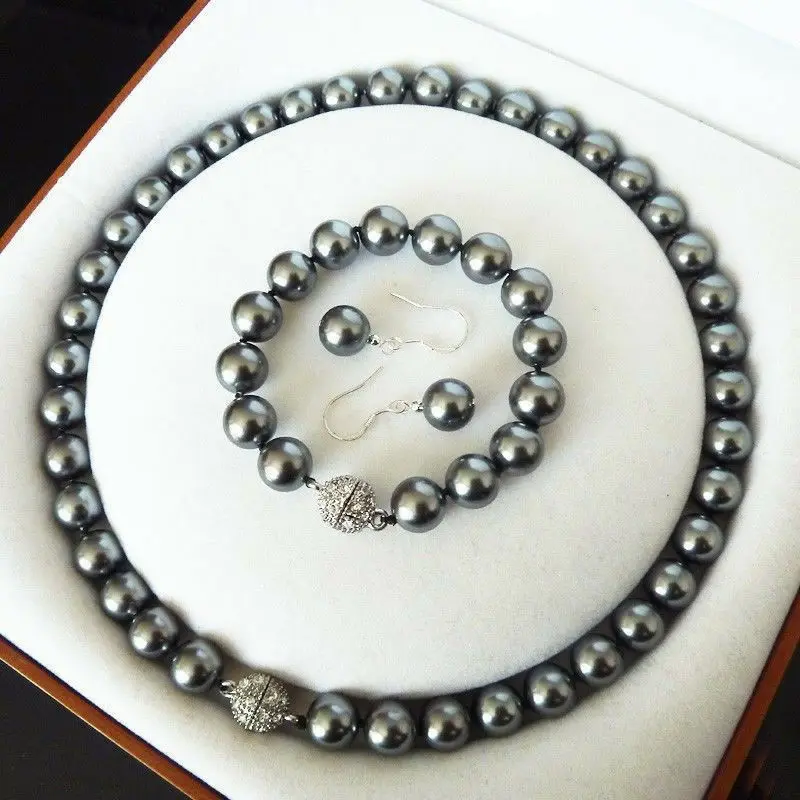 

10mm South Sea Black Shell Pearl Round Beads Necklace Bracelet Earrings Set