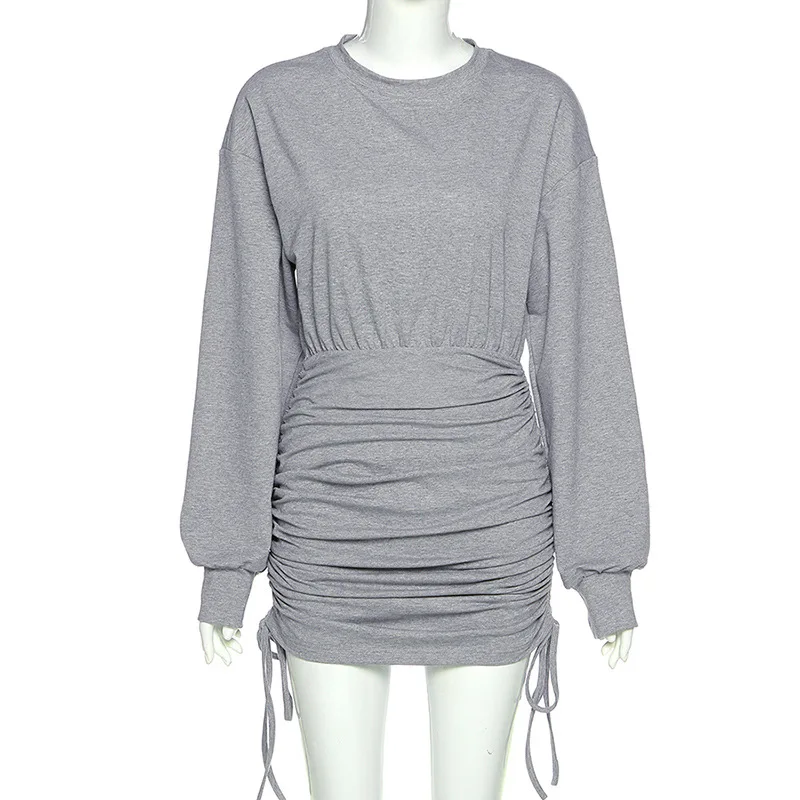 

Autumn New Women Fold Ruched Drawstring Slim Mini Dress Casual Streetwear O-Neck Dresses