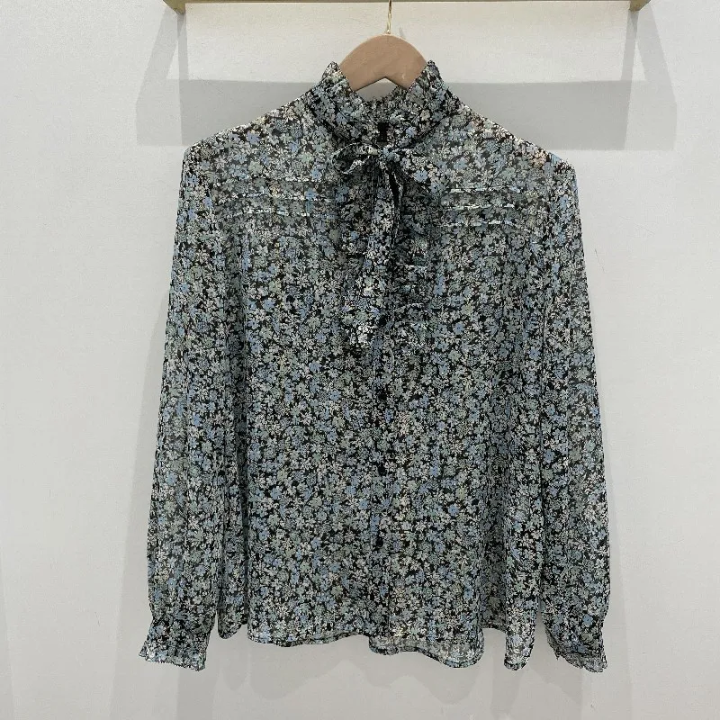 

Women Chiffon Long Sleeve Shirts Bow Tie Neck Thin OL Floral Print Blouse Spring Autumn 2021 New Spring Autumn