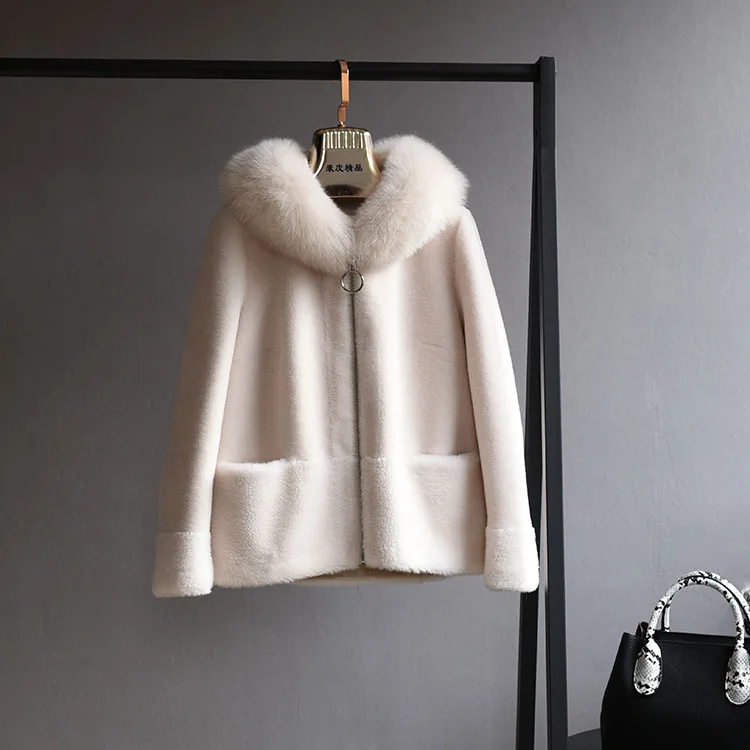 OFTBUY пальто с натуральным мехом, зимняя женская куртка, Воротник из натурального Лисьего меха, капюшон, шерсть, тканая верхняя одежда, плюшевый флис