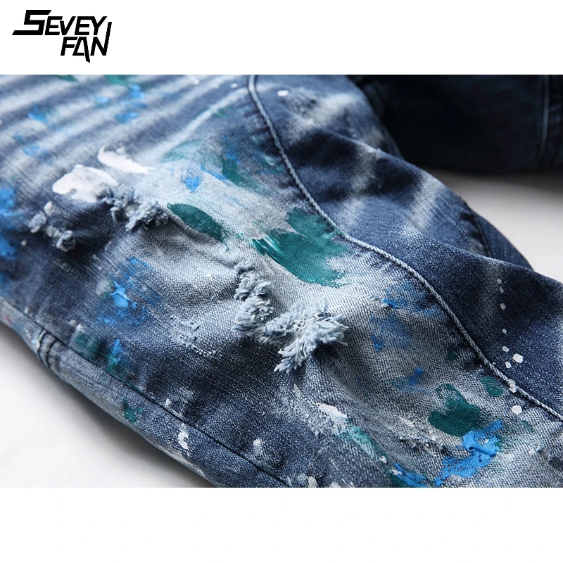 

Blue Hole Jeans Men Printed Streetwear Hip Hop Harajuku Jean Brand Fashion Ripped Skinny Denim Pants Nightclub Hipster Clothes