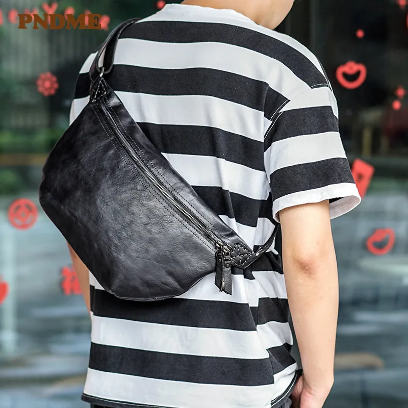 PNDME fashion trend genuine leather daily men's chest bag simple casual natural real cowhide messenger bag vintage waist pack