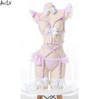 anilv lolita girl pink plaid straps bodysuit swimsuit uniform costume anime maid women one piece swimwear pool party cosplay