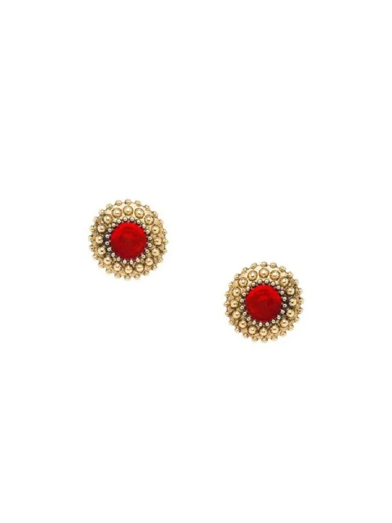 

New French Retro Classic Deep Red Vintage Gold Flower Ear Clip Earrings
