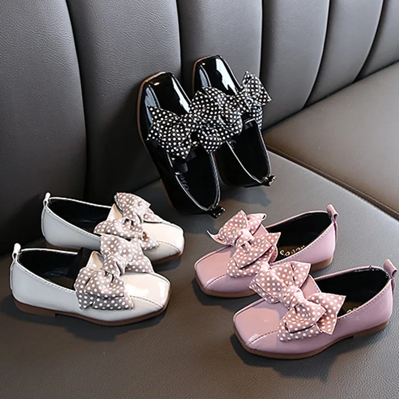 Обувь для девочек с узором в горошек и бантом милые черные осенние Prinses из