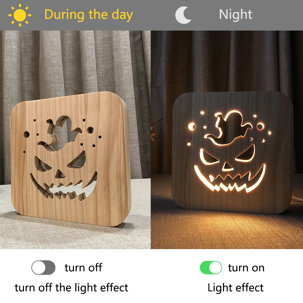 Carved Gift Living Room Home Table Decoration USB Pumpkin Shape Halloween Wood Night Light