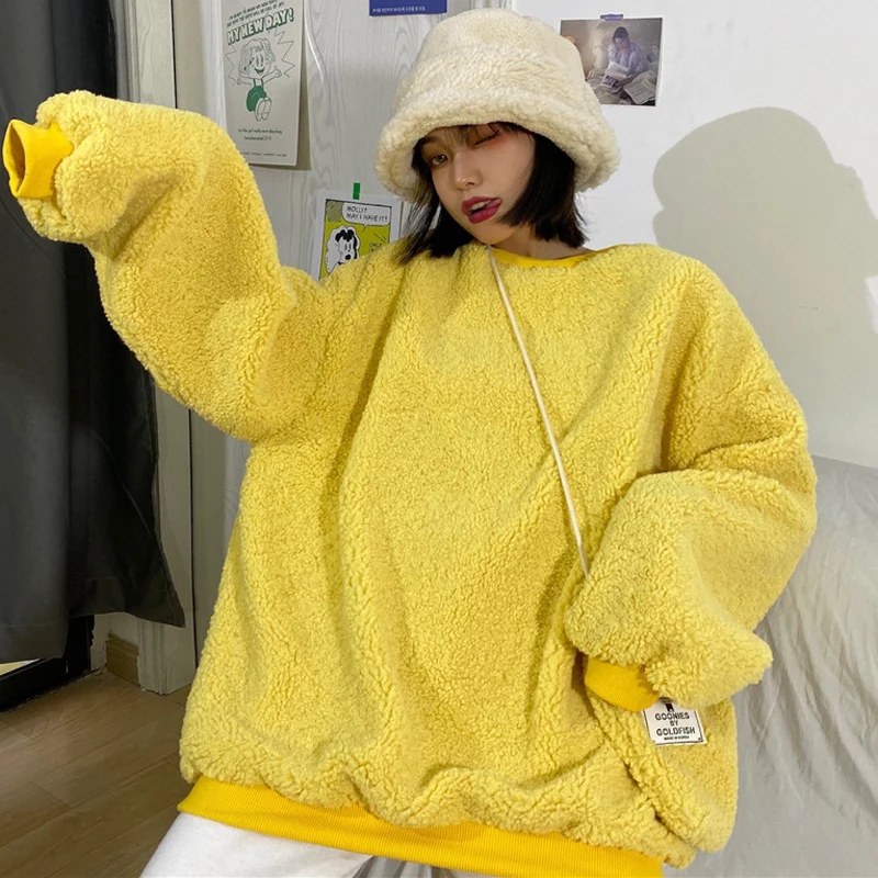 Hoodies Women Korean Oversize Harajuku Solid Plus Velvet Winter Womens Outerwear Simple Sweet Ins All-match Sweatshirt Pullovers | Женская