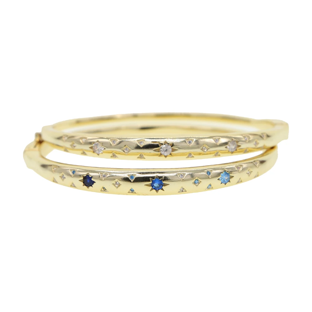 starry star starburst design signet Gold bangle bracelet for women fashion white blue CZs | Украшения и аксессуары