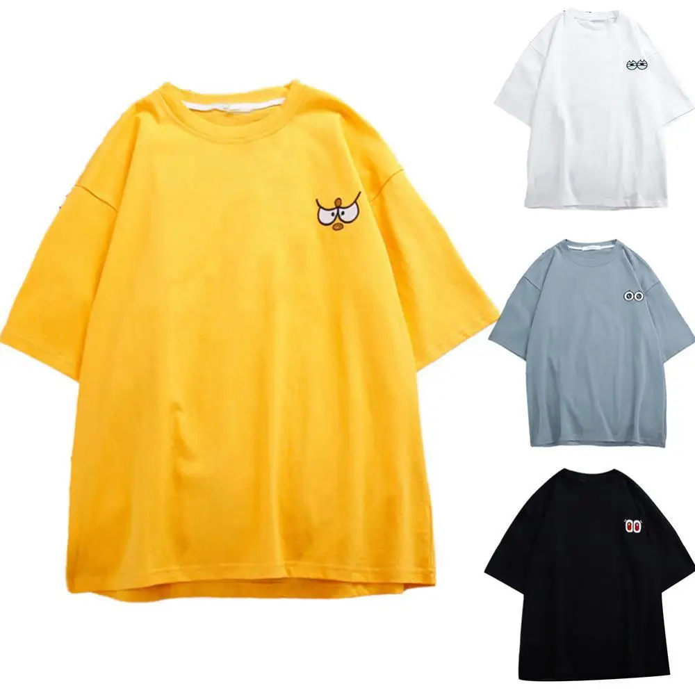 T-shirts-Camiseta de manga corta con bordado de ojo de dibujos animados para mujer, blusa holgada con cuello redondo, playeras básicas