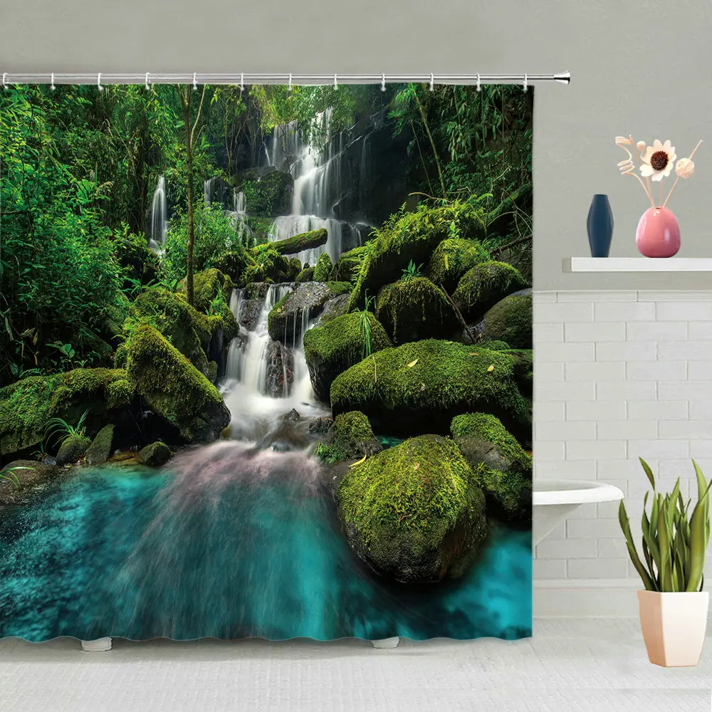 

Natural Scenery Waterproof Shower Curtain Waterfall Mountain Water Forest Scenic Bathroom Decor Bath Screen Fabric Curtains Hook