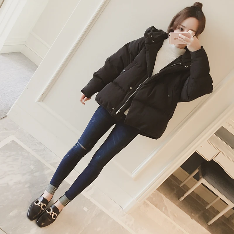 

Lucyever Winter Thick Women Down Jacket White Korean Loose Hooded Cotton Parkas Fashion Casual Black Girls Short Coat New 2021