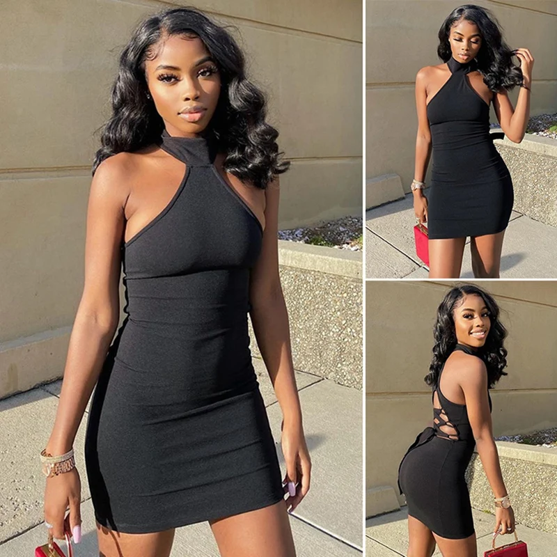

Women's Pure Color Halter Sleeveless Back Hollow Tie Dress Black