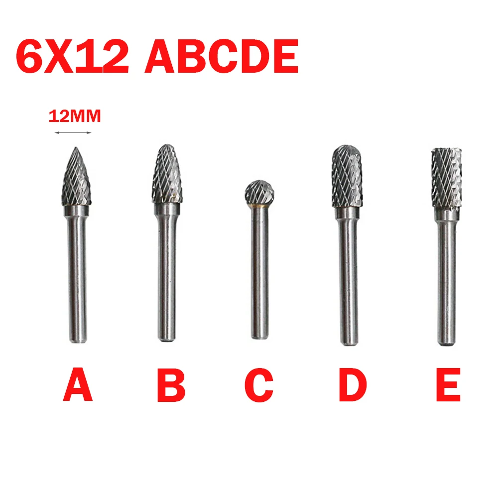 

10/12mm 5pcs 6mm Shank Tungsten Carbide Milling Cutter Rotary Tool Double Grain for Dremel Grinding Tool for Metal /Marble /Jade