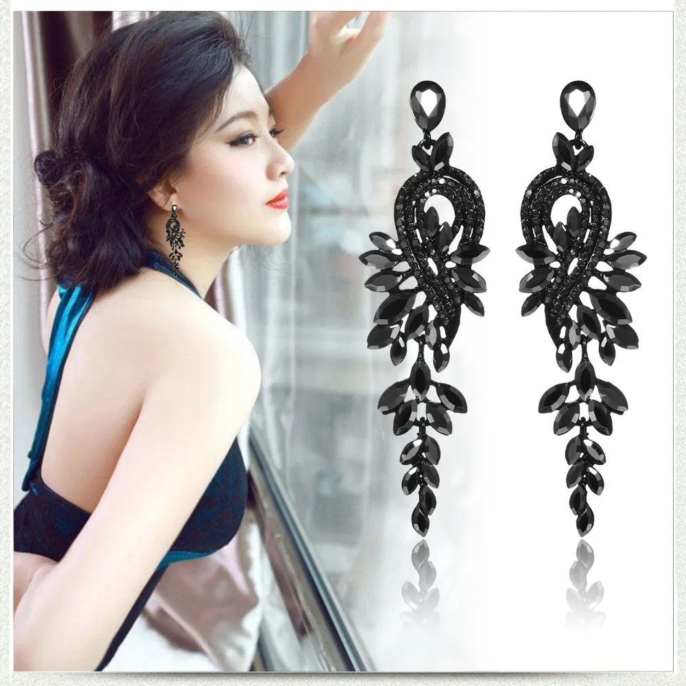 

Luxury Brincos Black Long Tassel Peacock Drop Dangle Earrings For Women Big Shiny Crystal Leaf Bridal Wedding Jewelry Accessorie