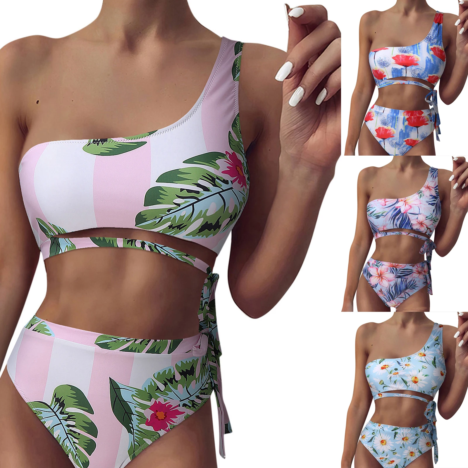 

Women One Shoulder Bikini with High Waist Briefs Tropical Pattern Printing Adjustable Belt Summer Clothes Beachwear