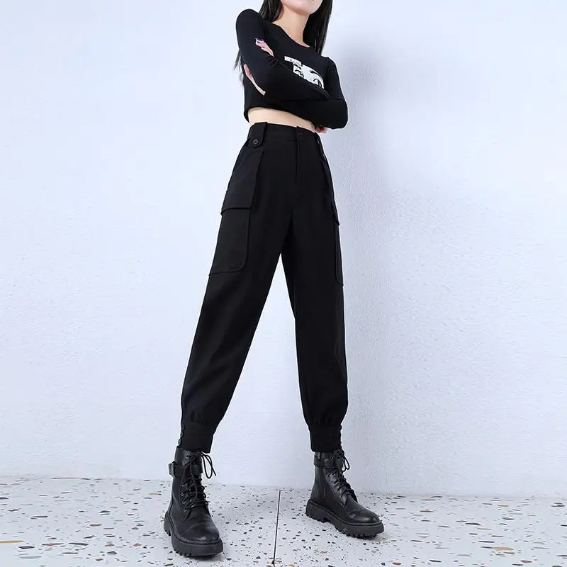 

Women's Spring Autumn Cargo Pants Women's Pockets With Sashes Button Solid Color High Waist Casual Trousers KK0267