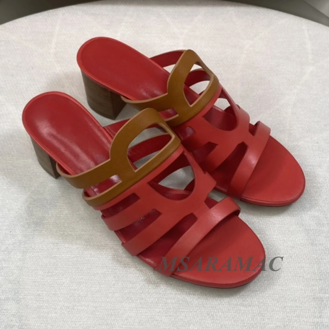 

2021 Summer Color Matching Hollow Thick Heel Women's Slippers Leather Round Sexy Flat Slippers Fashion Women's Party Shoes