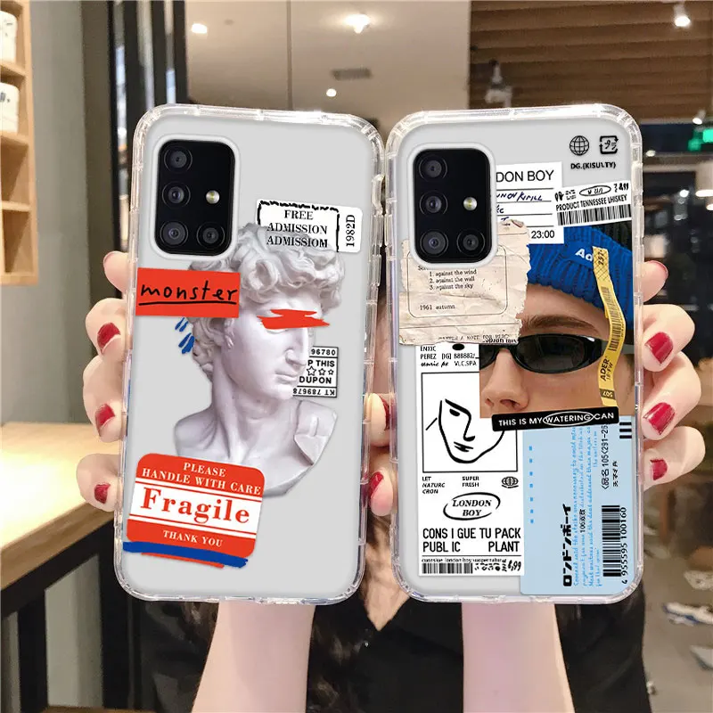 

Cute Ins Boy Label Phone Case For Samsung Galaxy A51 4G A515F A71 4G A715F Bears Transparent TPU Soft Silicon Funda Cover Capa