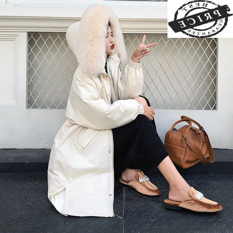 

20% белая зимняя куртка на утином пуху, Женская длинная парка, пуховик с капюшоном из натурального Лисьего меха, женская теплая верхняя одежд...