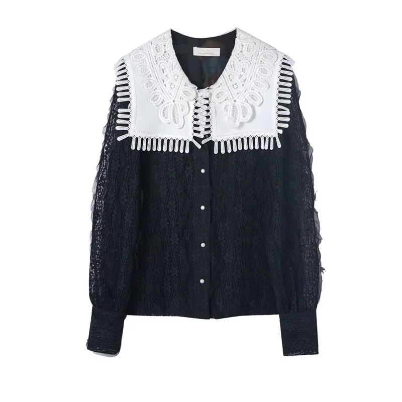

LANMREM Women Black Hollow Out Lace Blouse Lapel Long Sleeve Loose Fit Lady Shirt Fashion Tide Summer 2021 New Arrivals 2E1681