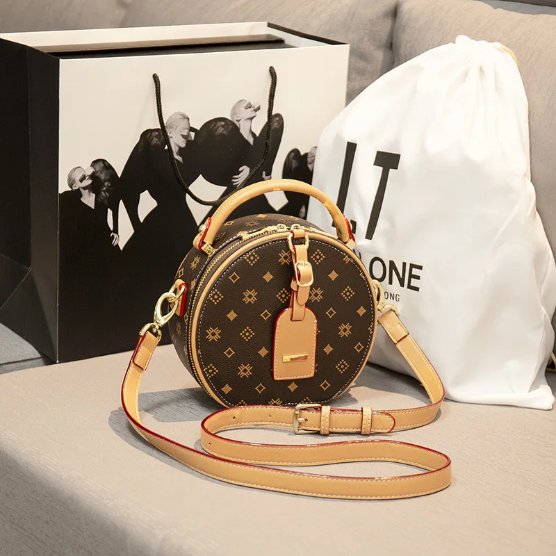 

Genuine Leather Women Circular Bags 2021 New Fashion Vintage Printing Shoulder Bags Ladies Famous Purses and Handbags sac luxe