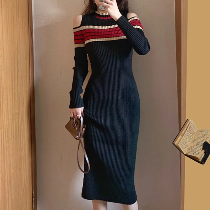 

Autumn Winter Women's Knitted Dress Fashion Waist Waist Was Thin Contrasting Color Strapless Long Sleeve Split Bodycon Dress