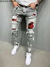 Джинсы мужские скинни в стиле хип-хоп, рваные джинсы для мужчин, джинсы Regular Fit, мужские джинсы в стиле пэчворк, одежда в стиле панк с графическим рисунком, синие