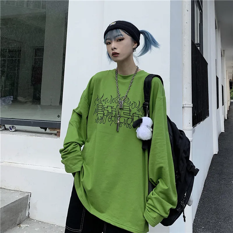 Lychee Harajuku, чистый цвет, длинный рукав, женская футболка, пламя, буквенный принт, осень, женская футболка, свободная, зеленая, женская футболка