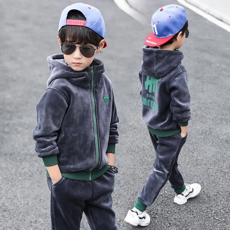 

2021 New kids thick velvet hoodies+pants 2pcs Boys clothing sets winter tracksuits for boys 1-8Y children sports suits
