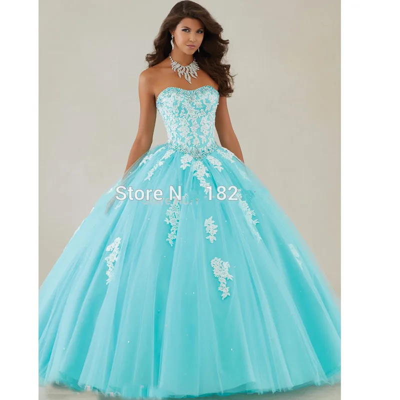 Бирюзовое платье для кинсеаньеры бальное Милая Тюль аппликации из бисера