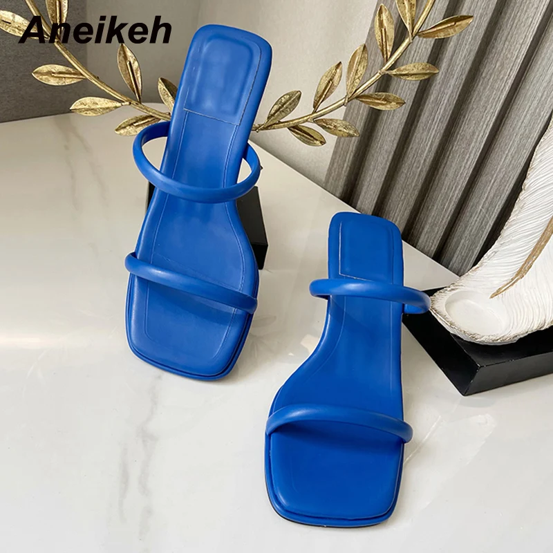 

Aneikeh Solid Womens Slippers Outdoor Designer Sandals Mule Femme Slides Fashion Concise PU Square Toe High Heel Slip-On Summer