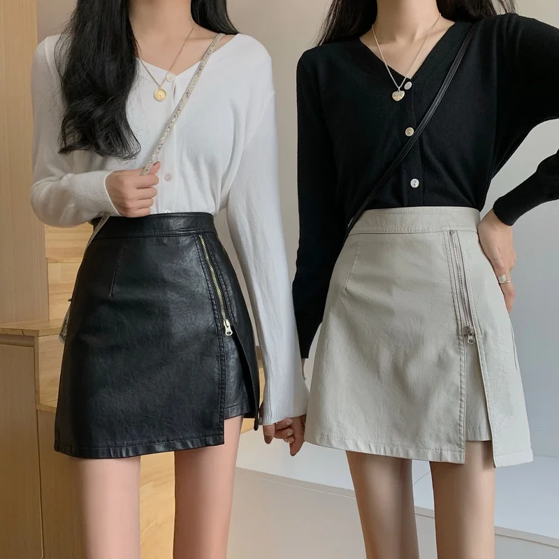 

Faldas Mujer Autumn Streetwear Vintage Sexy Slim High Waist Plus Size Black Irregular Pu Leather Skirt Women Split Wrap Hip Mini