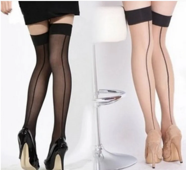 New Women Sexy Lace Thigh High Stockings Women Back Seam Heel Stockings Perfect Rib Top Black Lines Over Knee Stockings