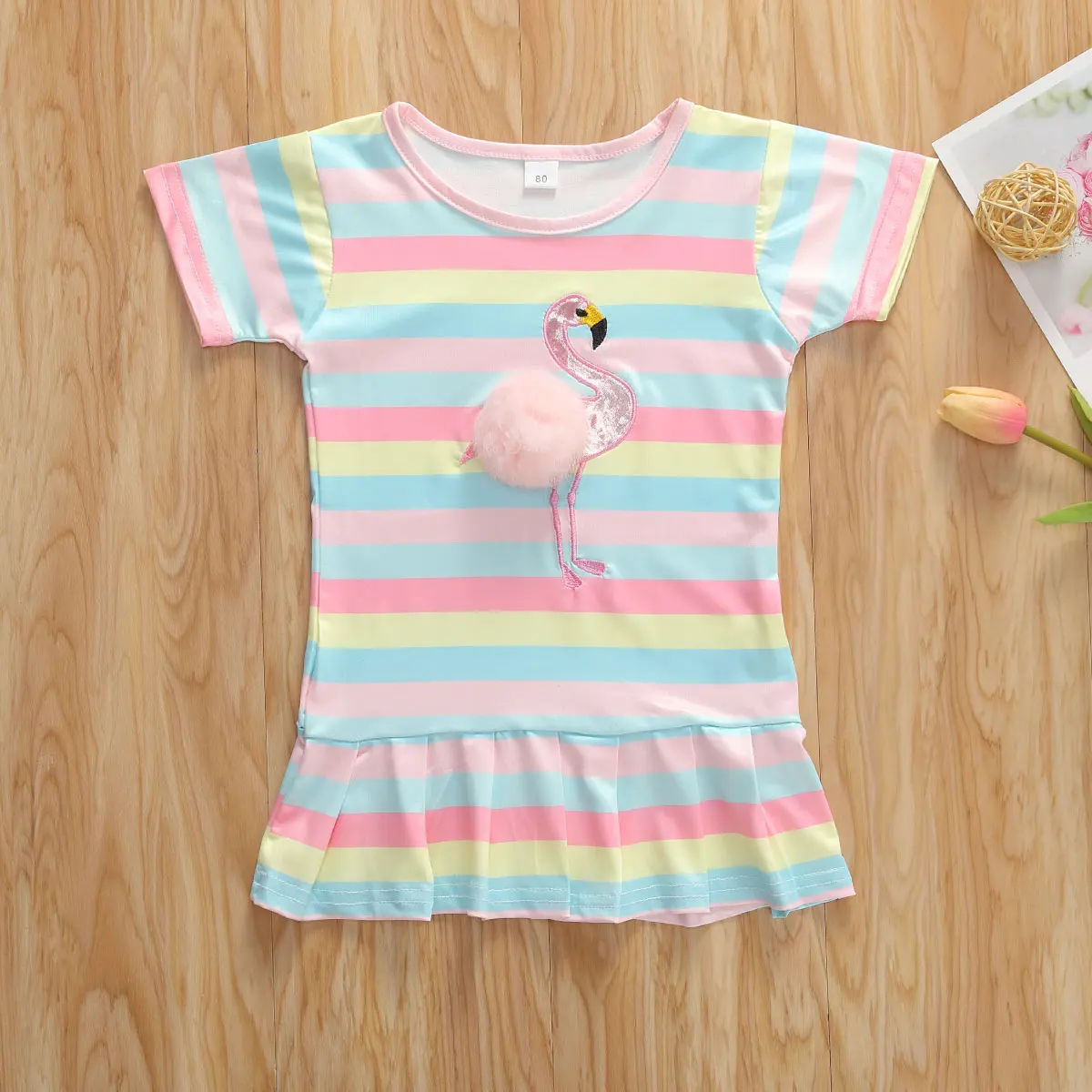 2020 Lovely Infant Baby Girls 1-5Y Dress Clothes Rainbow Striped Print Shorts Sleeve Ruffles Mini | Детская одежда и обувь